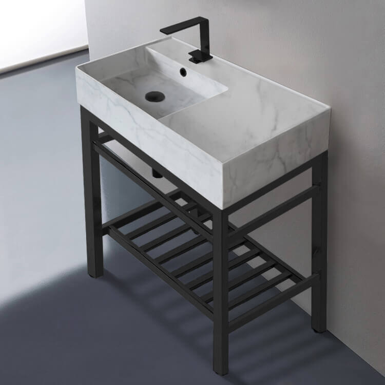 Console Bathroom Sink, Scarabeo 5115-F-CON2-BLK, Modern Marble Design Ceramic Console Sink and Matte Black Base
